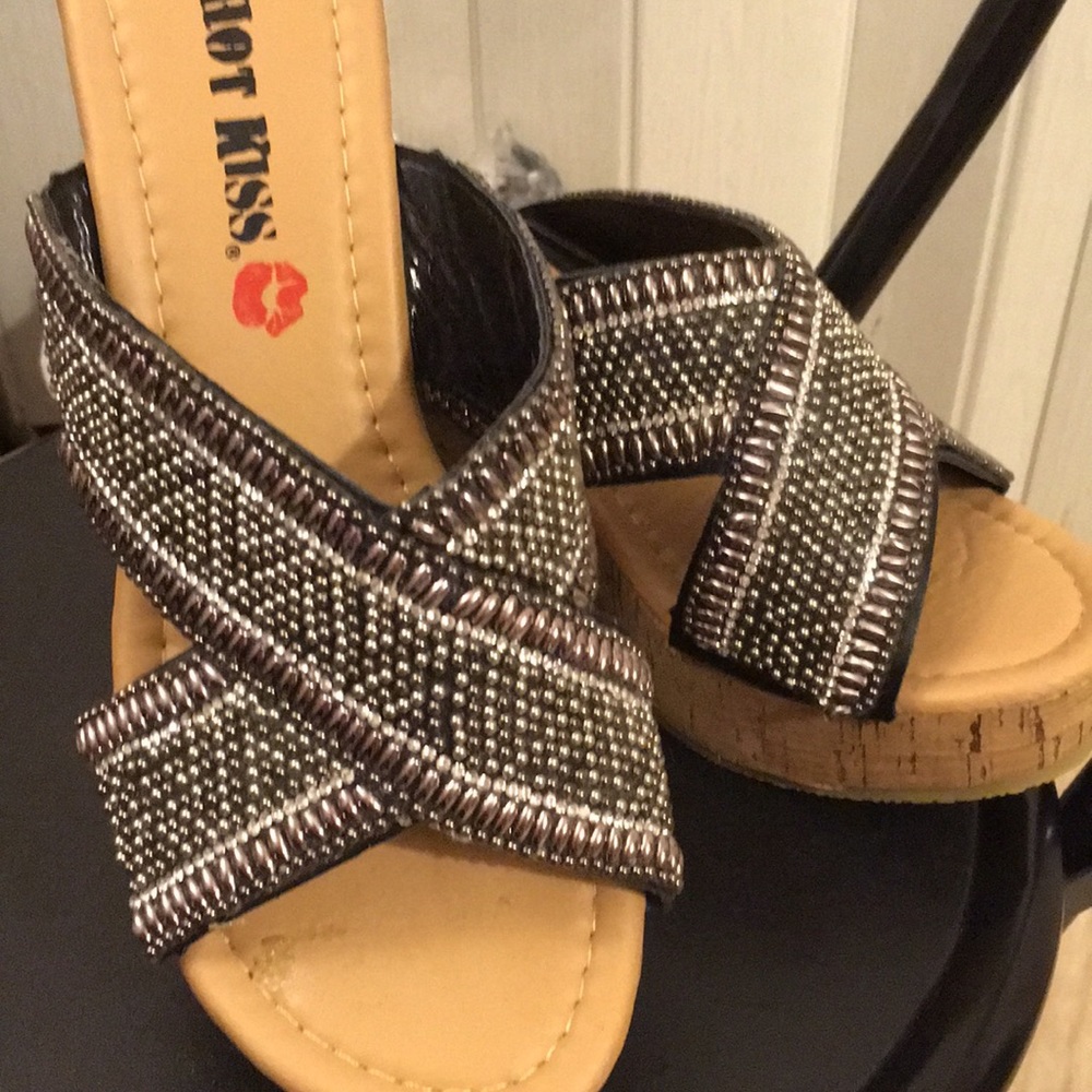 Wedge heels with black rhinestone straps